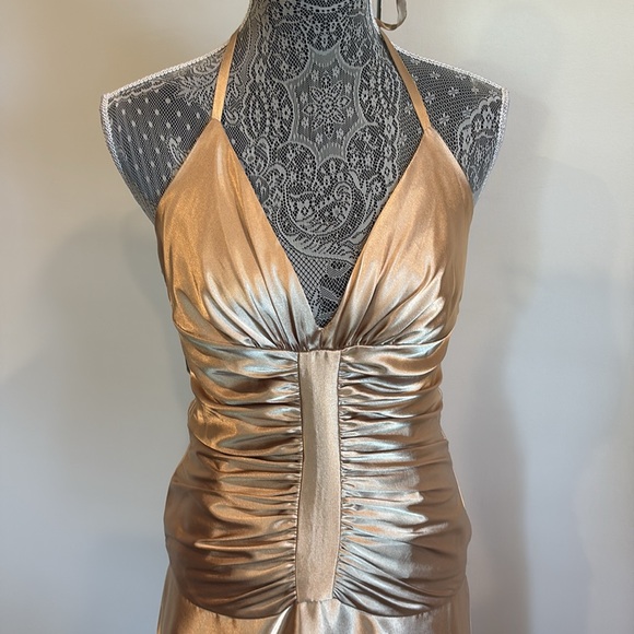 90’s Vintage Jessica McClintock Gold Halter Ruched Dress Marilyn Monroe Vibes - Picture 2 of 10